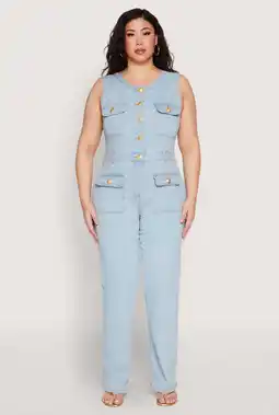 Walmart Womens Plus Size Daisy Sleeveless Button Front Denim Jumpsuit offer