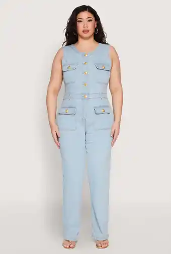 Walmart Womens Plus Size Daisy Sleeveless Button Front Denim Jumpsuit offer