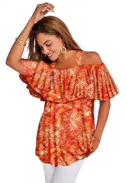 Walmart Jessica London Women's Plus Size Stretch Knit Cold Shoulder Ruffle Tunic offer