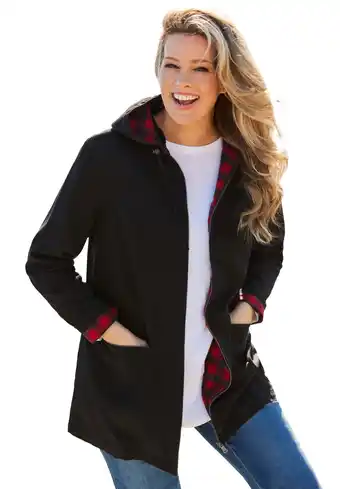 Walmart Woman Within Plus Size Flannel-Lined Denim Jacket Removable Hood Long Oversized Jean Coat offer