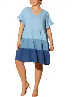 Walmart Unique Bargains Women's Plus Size Babydoll Ruffle Flowy Swing Hem Chambray Mini Dress 1X Blue offer