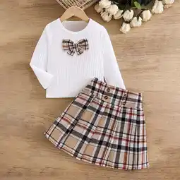 Walmart Toddler Kids Kids Girls Fashion Cute Lattice Print Skirt Long Sleeved Top Set Khaki 7 Years offer