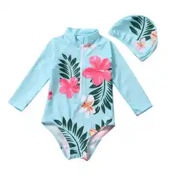 Walmart Ketors Girls Summer Long Sleeve Floral Leaf Print Swimwear with Hat, Blue (12-18 Months) offer