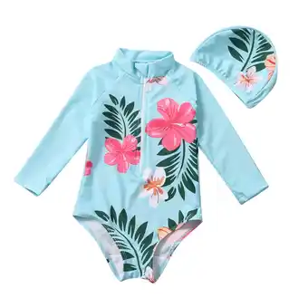 Walmart Ketors Girls Summer Long Sleeve Floral Leaf Print Swimwear with Hat, Blue (12-18 Months) offer
