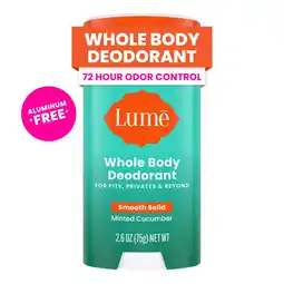 Walmart Lume Whole Body Womens Deodorant - Smooth Solid Stick - Aluminum Free - Minted Cucumber - 2.6oz offer