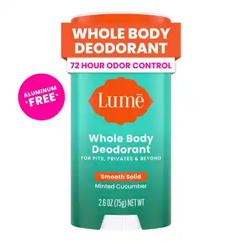 Walmart Lume Whole Body Womens Deodorant - Smooth Solid Stick - Aluminum Free - Minted Cucumber - 2.6oz offer