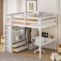Walmart imerelez Wood Full Size Loft Bed with Built-in Wardrobe, Desk, Storage Shelves and Drawers, White offer