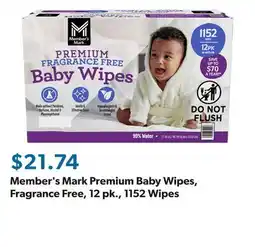 Sam's Club Member's Mark Premium Baby Wipes, Fragrance Free, 12 pk., 1152 Wipes offer
