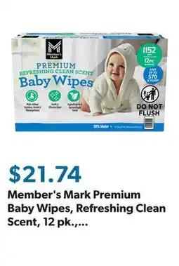 Sam's Club Member's Mark Premium Baby Wipes, Refreshing Clean Scent, 12 pk., 1152 Wipes offer