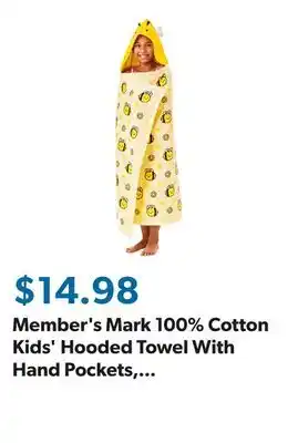 Sam's Club Member's Mark 100% Cotton Kids' Hooded Towel With Hand Pockets, Assorted Designs offer