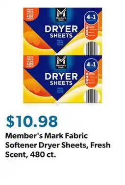 Sam's Club Member's Mark Fabric Softener Dryer Sheets, Fresh Scent, 480 ct offer