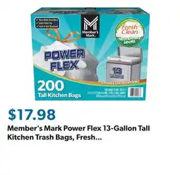 Sam's Club Member's Mark Power Flex 13-Gallon Tall Kitchen Trash Bags, Fresh Scent, 200 ct offer