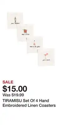 TJ Maxx TIRAMISU Set Of 4 Hand Embroidered Linen Coasters offer