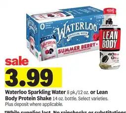 Meijer Waterloo Sparkling Water 8 pk./12 oz. or Lean Body Protein Shake 14 oz. bottle offer