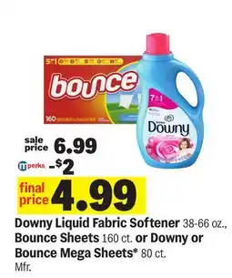 Meijer Downy Liquid Fabric Softener 38-66 oz., Bounce Sheets 160 ct. or Downy or Bounce Mega Sheets 80 ct offer
