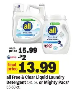 Meijer all Free & Clear Liquid Laundry Detergent 141 oz. or Mighty Pacs 56-60 ct offer