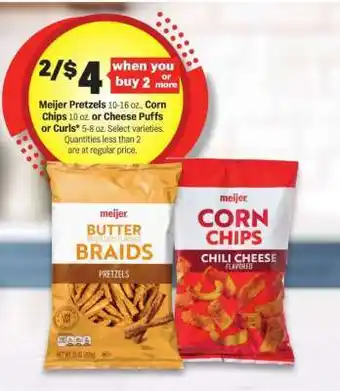 Meijer Meijer Pretzels, Corn Chips, Cheese Puffs or Curls offer