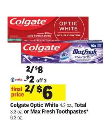 Meijer Colgate Optic White, Total or Max Fresh Toothpastes offer