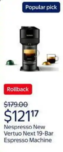 Walmart Nespresso new vertuo next 19-bar espresso machine offer