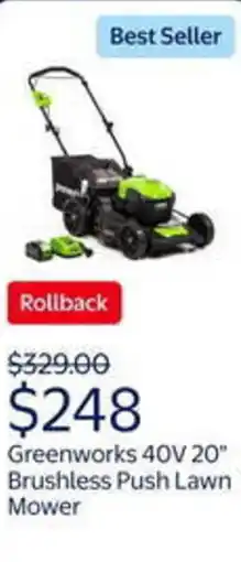 Walmart Greenworks 40V 20" brushless push lawn mower offer