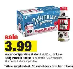 Meijer Waterloo Sparkling Water or Lean Body Protein Shake offer