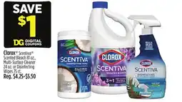 Dollar General Clorox Scentiva Scented Bleach 81 oz., Multi-Surface Cleaner 24 oz. or Disinfecting Wipes 75 ct offer