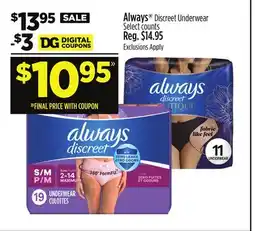 Dollar General Always Discreet Underwear offer