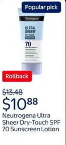 Walmart Neutrogena ultra sheer dry-touch spf 70 sunscreen lotion offer