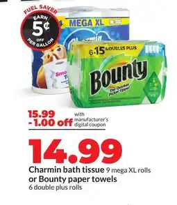 Hy-Vee Charmin bath tissue 9 mega XL rolls or Bounty paper towels 6 double plus rolls offer