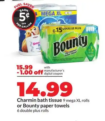 Hy-Vee Charmin bath tissue 9 mega XL rolls or Bounty paper towels 6 double plus rolls offer