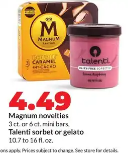 Hy-Vee Magnum novelties 3 ct. or 6 ct. mini bars, Talenti sorbet or gelato 10.7 to 16 fl. oz offer