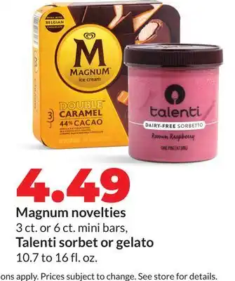 Hy-Vee Magnum novelties 3 ct. or 6 ct. mini bars, Talenti sorbet or gelato 10.7 to 16 fl. oz offer