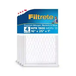 Walmart Filtrete 16x25x1 HVAC Furnace Air Filter, MPR 1900 MERV 13, Ultimate Allergen Reduction, 4 Pack offer