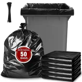 Walmart Treamon 55 Gallon Trash Bags with 100 Zip Ties, 50 Count Black Heavy Duty Large Garbage Bags offer