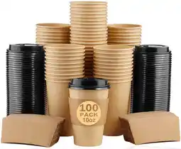 Walmart 100 Pack 10 oz Paper Coffee Cups, Disposable Coffee Cups with Lids and Sleeves for Home and Cafes offer