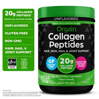 Walmart Orgain Hydrolyzed Grass Fed 20g Collagen Peptides Powder, Unflavored, 1lb offer