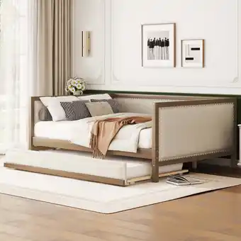 Walmart Euroco Upholstered Daybed with Trundle Bed, Full Size Nailhead Sofa Bed offer