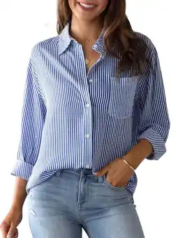 Walmart Charmo Women's Striped Button Down Blouses Casual Long Sleeve Shirts offer