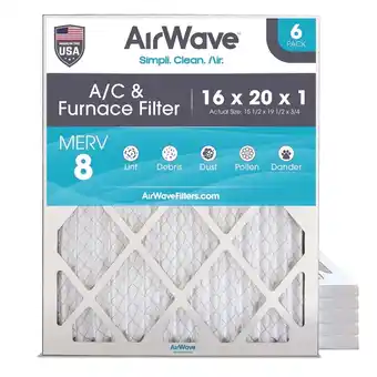 Walmart AirWave 16x20x1 MERV 8 Pleated HVAC AC Furnace Air Filter, 6-Pack offer