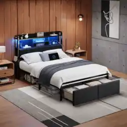 Walmart Satifur Full Size Bed Frame with 49.2 High LED Storage Headboard Shelf, Bed Metal Platform, Black offer