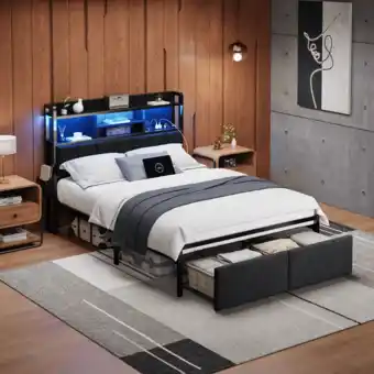 Walmart Satifur Full Size Bed Frame with 49.2 High LED Storage Headboard Shelf, Bed Metal Platform, Black offer