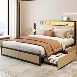 Walmart Lifezone Rustic Adult Queen MDF Metal Bookcase Bed with LED Light & Drawers, Beige offer