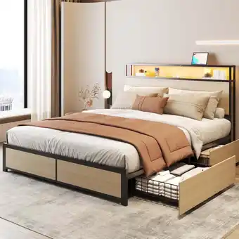 Walmart Lifezone Rustic Adult Queen MDF Metal Bookcase Bed with LED Light & Drawers, Beige offer