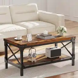 Walmart DELAMU Rustic Wood Coffee Table Rectangle with Storage for Living Room, Brown offer