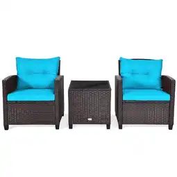 Walmart Patiojoy 3 Pieces Wicker Cushioned Conversation Set Outdoor Rattan Furniture with Turquoise Cushions offer