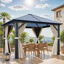 Walmart Wooflex 10' x 10' Polycarbonate Hardtop Gazebo: Black Aluminum Frame, Netting & Brown Curtains offer