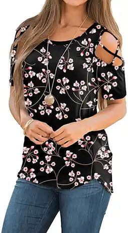 Walmart ANYJOIN Womens Summer T Shirts Strappy Short Sleeve Tunic Tops Strappy Cold Shoulder Blouse offer