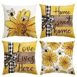 Walmart Sm:)e Love Lives Here Bees Sweet Home Sunflower Spring Pillow Covers for Summer Set of 4 18x18 Inch offer