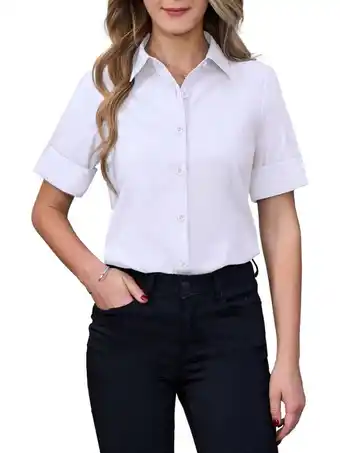 Walmart Siliteelon Womens Short Sleeve Work Blouses Cotton Button Down Shirts Slim Fit offer