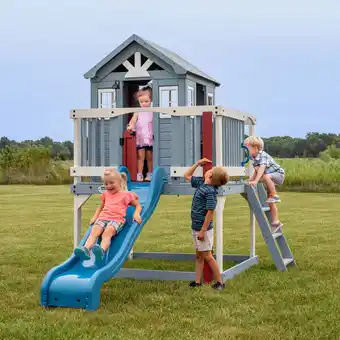 Walmart Backyard Discovery Beacon Heights Cedar Wooden Elevated Playhouse, Slide, Play Kitchen offer